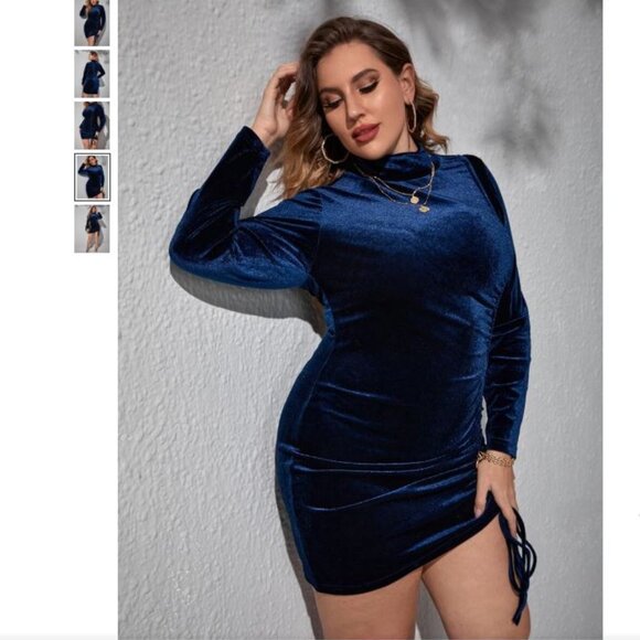Plus Size Mock Neck Drawstring Front Velvet Bodycon Dress - Size 4X - Picture 5 of 11
